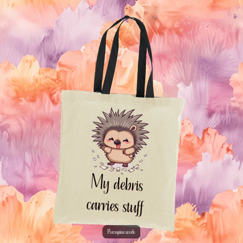 Funny messy porcupine tote bag showing a mischievous porcupine with quills out, scattering paper scraps with abandon.