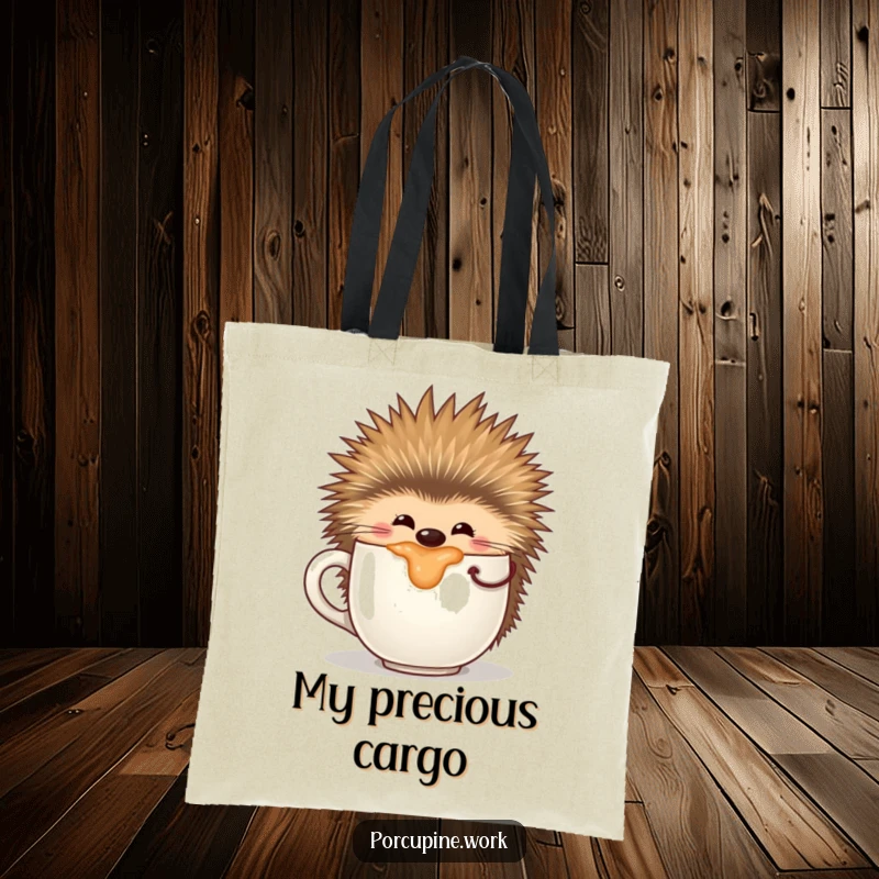 Funny tote bag with a porcupine contentedly sipping from an oversized coffee mug, perfect for daily errands.