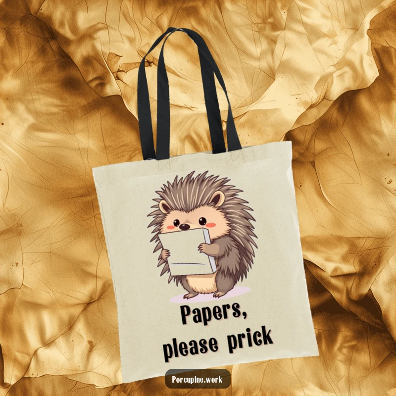 Funny porcupine balancing a large stack of documents with its quills; this tote bag is practical and humorous.