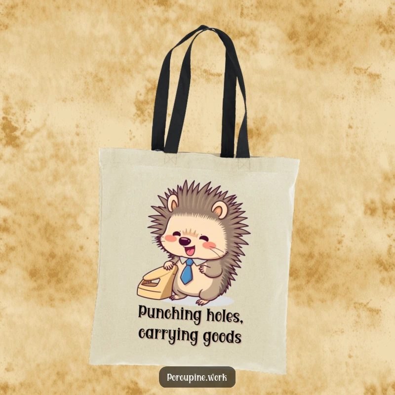Funny porcupine wearing a small tie, enthusiastically using a hole punch, printed on a practical and stylish tote bag.