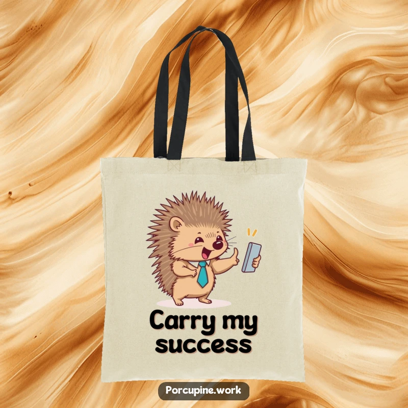 Funny tote bag with a dapper porcupine in a tie celebrating with a high-five, ideal for carrying work essentials.